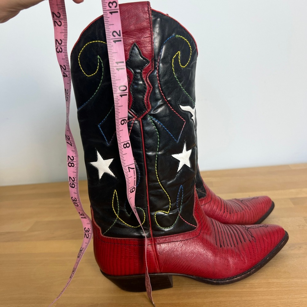 Nine West Red and Black Western Cowboy Boots with White Star Appliqués - Picture 10 of 14